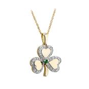 9k Gold Diamond &amp; Emerald Irish Shamrock Necklace image