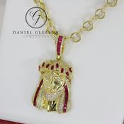 Large Gold on Sterling Silver CZ &amp; Ruby Baguette Jesus Head &amp; 24" 8mm Belcher Chain image
