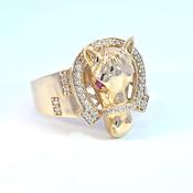 9ct Gold Mens CZ Horse Shoe &amp; Head Ring with Red Stone Eyes image