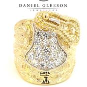 9ct Gold Mens CZ Saddle Ring with reins detailing image