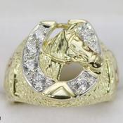 9ct Gold Mens Cubic Zirconia Horse Shoe &amp; Head Ring image