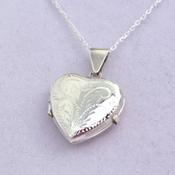 Heart Locket - Sterling Silver Locket &amp; Chain - Engraved design on front