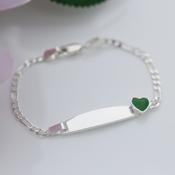 Sterling Silver Children’s Figaro Identity Bracelet with Green Heart – Free Engraving