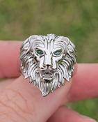 Mens Silver Lion Ring with Green CZ Eyes