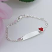 Sterling Silver Children’s Figaro Identity Bracelet with Red Heart – Free Engraving