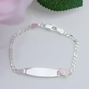 Sterling Silver Children’s Figaro ID Bracelet with Pink Baby Feet – Free Engraving