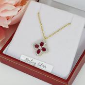 Sterling Silver Gold Plated Ruby CZ Clover Pendant &amp; 18" Chain image