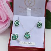 Emerald Necklace, Earrings &amp; Ring Sterling Silver Matching Set