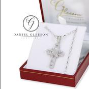 9ct White Gold Baguette CZ Cross &amp; Sturdy 9ct White Gold Diamond Cut Chain image