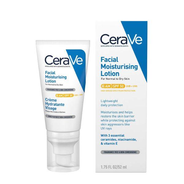 CeraVe Facial Moisturising Lotion SPF50, Fragrance Free, Non-Comedogenic, for Normal to Dry Skin, Size 52ml, Image Features: SPF 50, UVA, UVB