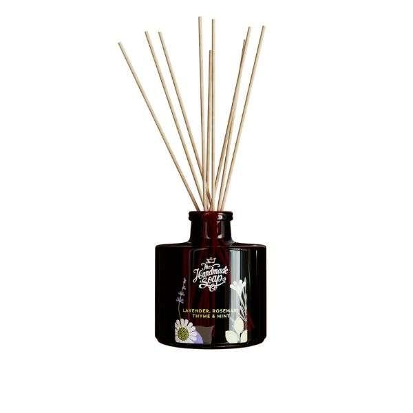 Handmade Co. Reed Fragrance Diffuser - Lavender, Rosemary, Thyme & Mint Scent - 200ml Glass Bottle with Reeds and Floral Illustrations