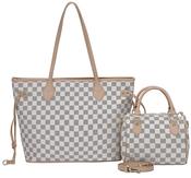 Gessy Checkered White/Beige Tote Bag with Small Handbag 2 Piece Set