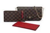 3 Piece Gessy Clutch Handbag Set with Pouch &amp; Red Wallet Coffee