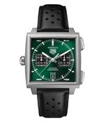 Gents Tag Heuer 39mm Monaco Chronograph Automatic Titanium Case Green Dial Black Leather Strap CDW2180.FC8360