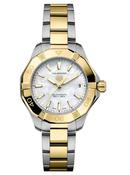 Ladies Tag Heuer 34mm Aquaracer Professional 200 Solargraph Steel and Yellow Gold Plated Bracelet White Mother of Pearl Index Dial with Date WBP1327.BB0004 image