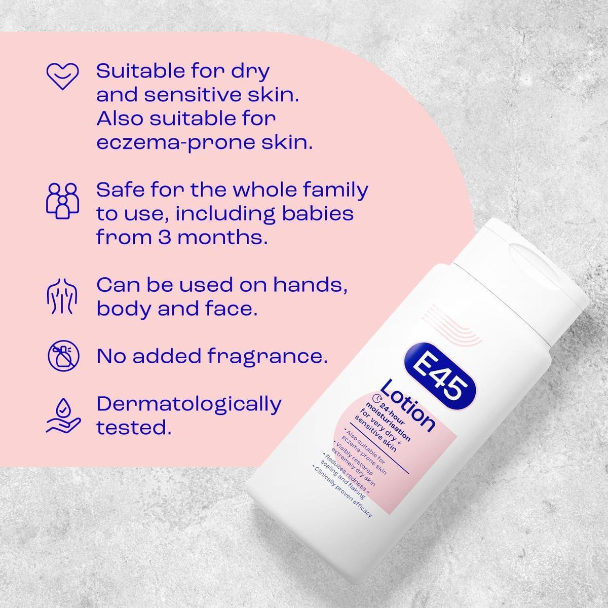 E45 Dermatological Moisturising Lotion, 200 ml, for Dry, Sensitive Skin, Perfume Free