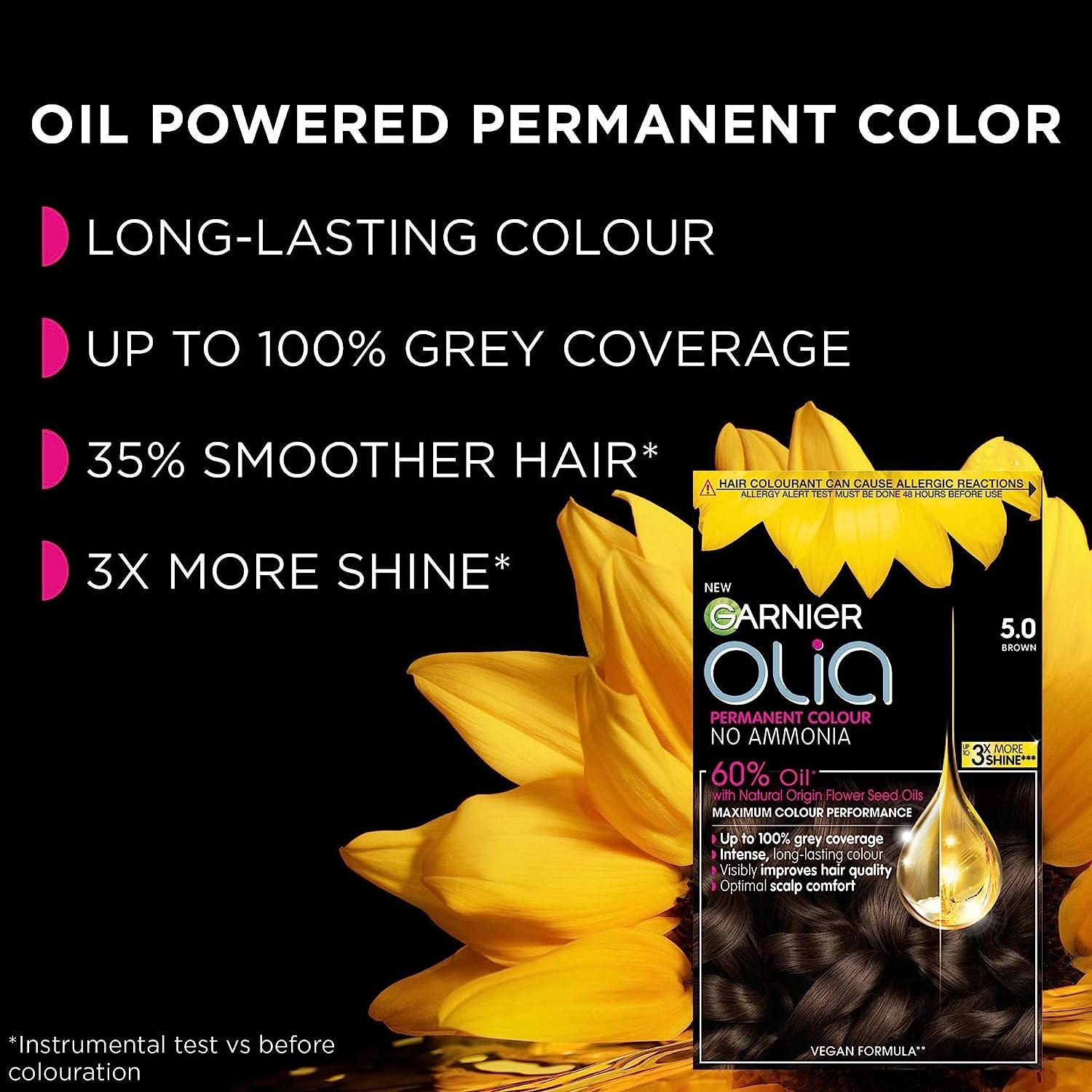 Garnier Olia 5.0 Brown Permanent Hair Dye - Oil-Powered, No Ammonia, Grey Coverage, Improves Hair Quality