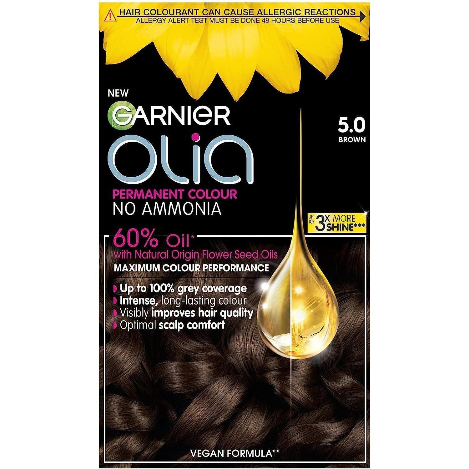 Garnier Olia 5.0 Brown Permanent Hair Dye - Oil-Powered, No Ammonia, Grey Coverage, Improves Hair Quality