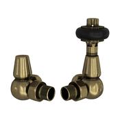 Caerleon Wooden Head Corner TRV Rad Valves, Antique Brass