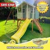 Toby Kids Playhouse with Double Swing, Slide and Climbing Wall