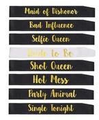 Hen Party Sash Set – 8 Funny Role Sashes (Black &amp; Gold)