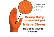 LARGE Orange Nitrile Gloves Heavy Duty Diamond Grip Disposable Latex Powder Free  - GT2603