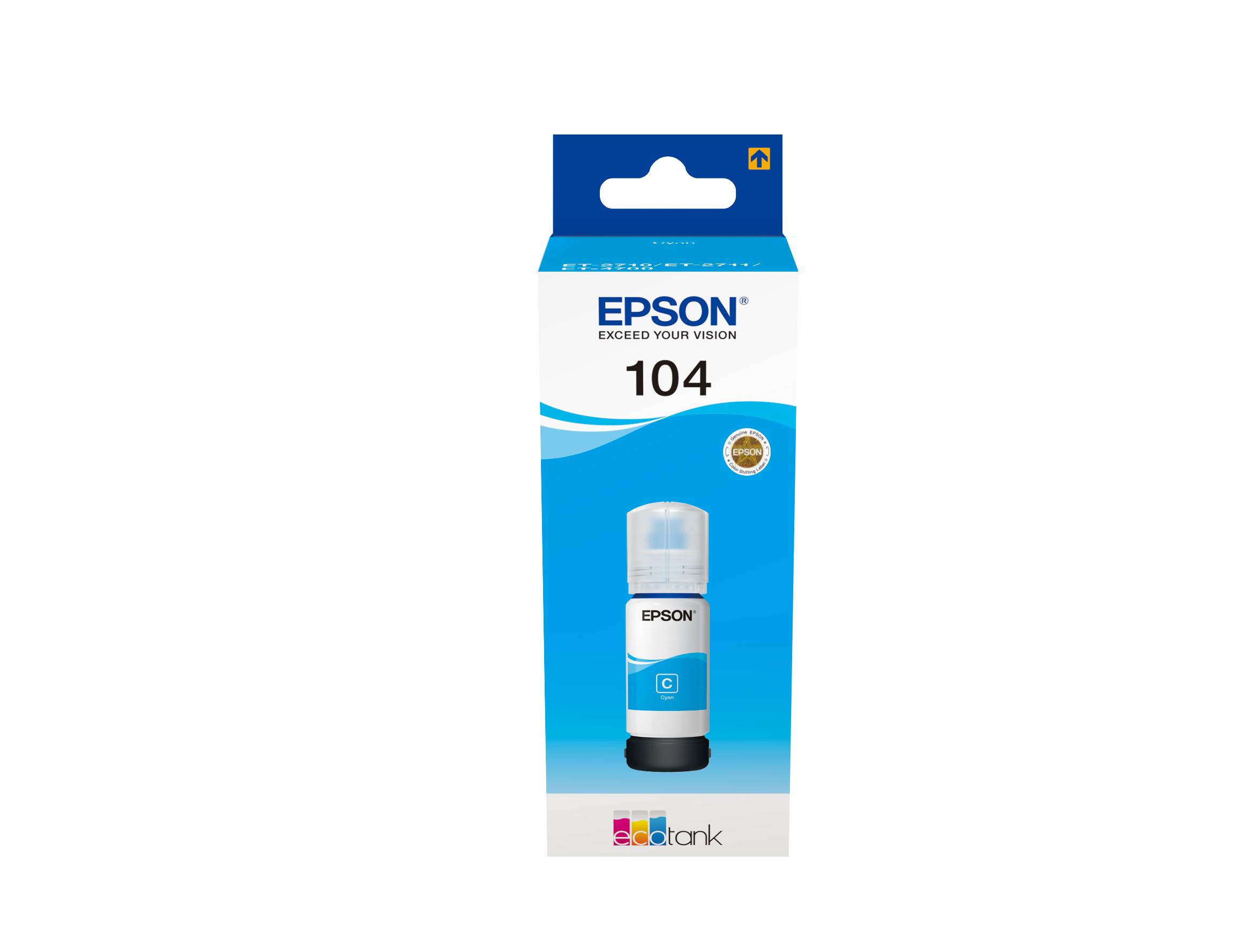Epson 104 Cyan Ink Bottle 65ml, prints up to 7,500 pages