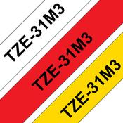 Brother TZE-31M3 Laminated Tape 1x black on red 1x black on white and 1x black on yellow  12mm W 8m L image