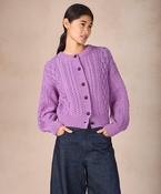 The Clover Merino Cropped Aran Cardigan Lilac Marl