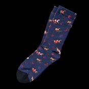 Navy socks with horse and horseshoe pattern.