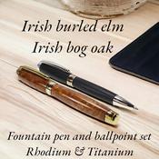 Woodland Fountain and Ballpoint Pen Set - in Irish Elm (Rhodium &amp; Gold)