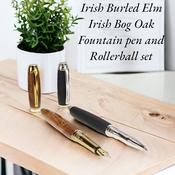 Woodland Fountain and Rollerball Pen Set - in Irish Elm &amp; Bog Oak (Rhodium &amp; Gold)