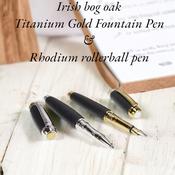 Woodland Writing Gift Set – Irish Bog Oak Fountain &amp; Rollerball Pens with Rhodium &amp; Gold Trim