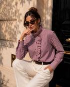 Eden Striped Ruffled High Collar Shirt - Plum - S/M - 8-10