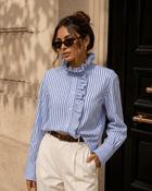 Eden Striped Ruffled High Collar Shirt - Blue - S/M-10-12 image