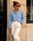 Ellie Embroidered Blouse with Ruffled Collar Blue - M/12 image
