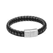 Stainless Steel &amp; Black Leather Checkerboard Mens Bracelet image