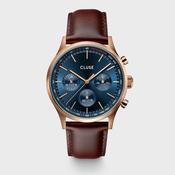 Cluse 42mm Anthéor Multifunction Brown Leather Strap Blue Rose Tone Watch