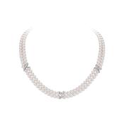 18ct White Gold Alternating Double Row Akoya Pearl &amp; Diamond Necklace, 0.10ct