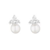 Sterling Silver Pearl &amp; CZ Trinity Stud Earrings