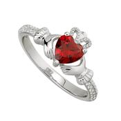 Sterling Silver Claddagh &amp; Garnet Heart, Shoulder Set January Birthstone CZ Ring image