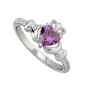 Sterling Silver Claddagh &amp; Amethyst Heart, Shoulder Set February Birthstone CZ Ring