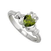 Sterling Silver Claddagh &amp; Peridot Heart, Shoulder Set CZ Ring image
