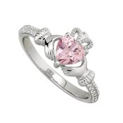 Sterling Silver Claddagh &amp; Rose Heart, Shoulder Set October Birthstone CZ Ring