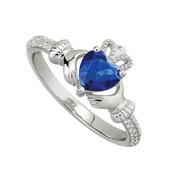 Sterling Silver Claddagh &amp; Sapphire Toned Heart, Shoulder Set September Birthstone CZ Ring