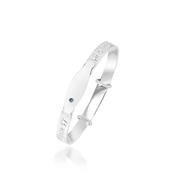 Sterling Silver 5.2mm Teddy Bear Beaded Edge ID Plate &amp; Blue CZ Baby Bangle image