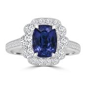 18ct White Gold Radiant Tanzanite &amp; Diamond Halo, Shoulder Set Ring