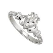 Sterling Silver Claddagh &amp; Heart, April Birthstone, Shoulder Set CZ Ring image