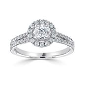 Platinum Brilliant Round &amp; Halo, Shoulder Set Diamond Ring, 0.86ct