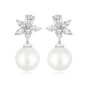 Sterling Silver CZ &amp; Pearl Drop Earrings